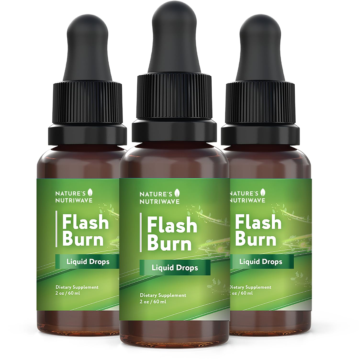 Nature’s NutriWave Flash Burn bottle front, portable daily supplement for on-the-go use.
