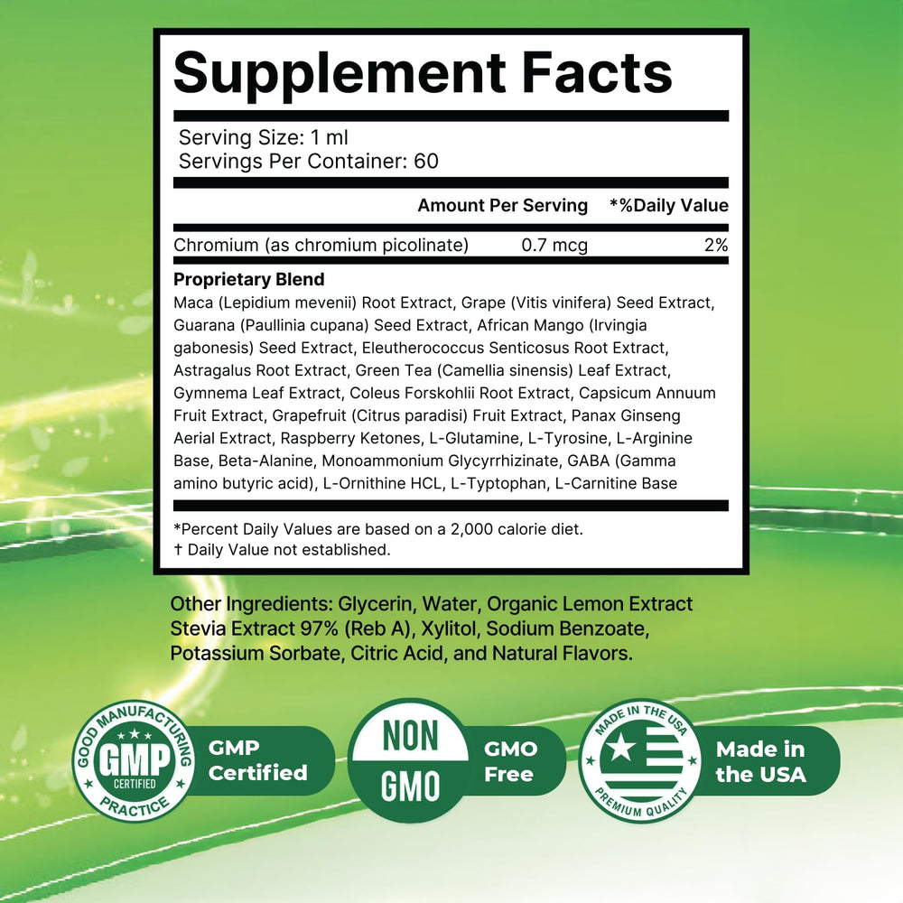 Nature’s NutriWave Flash Burn ingredient closeup, highlighting Maca and Green Tea in the formula.