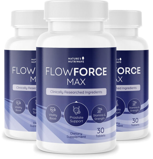 Nature’s NutriWave FlowForceMax bottle front shows the plant-based formula for daily wellness.