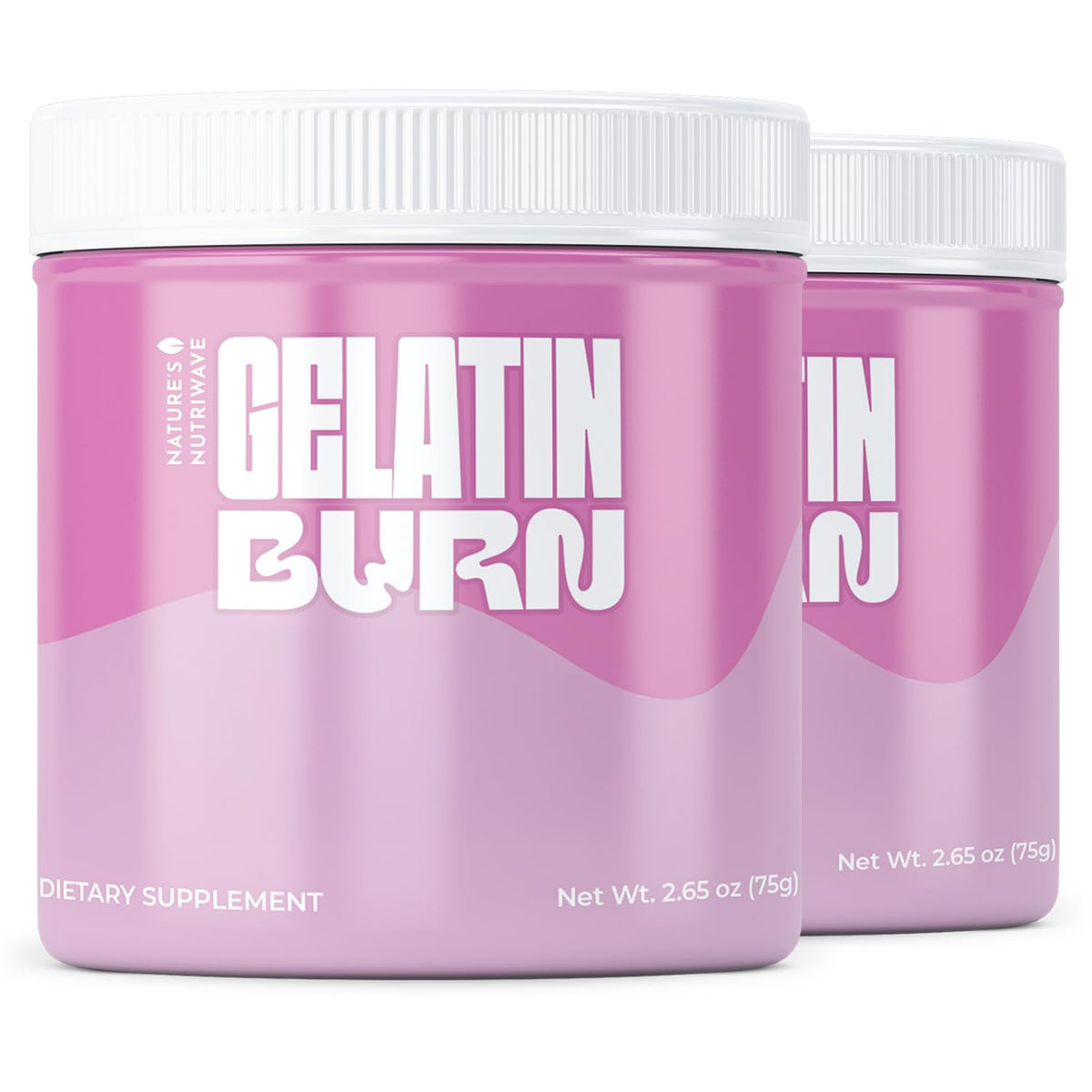 Nature’s NutriWave Gelatin Burn canister close-up, showcasing a non-GMO powder for easy daily use