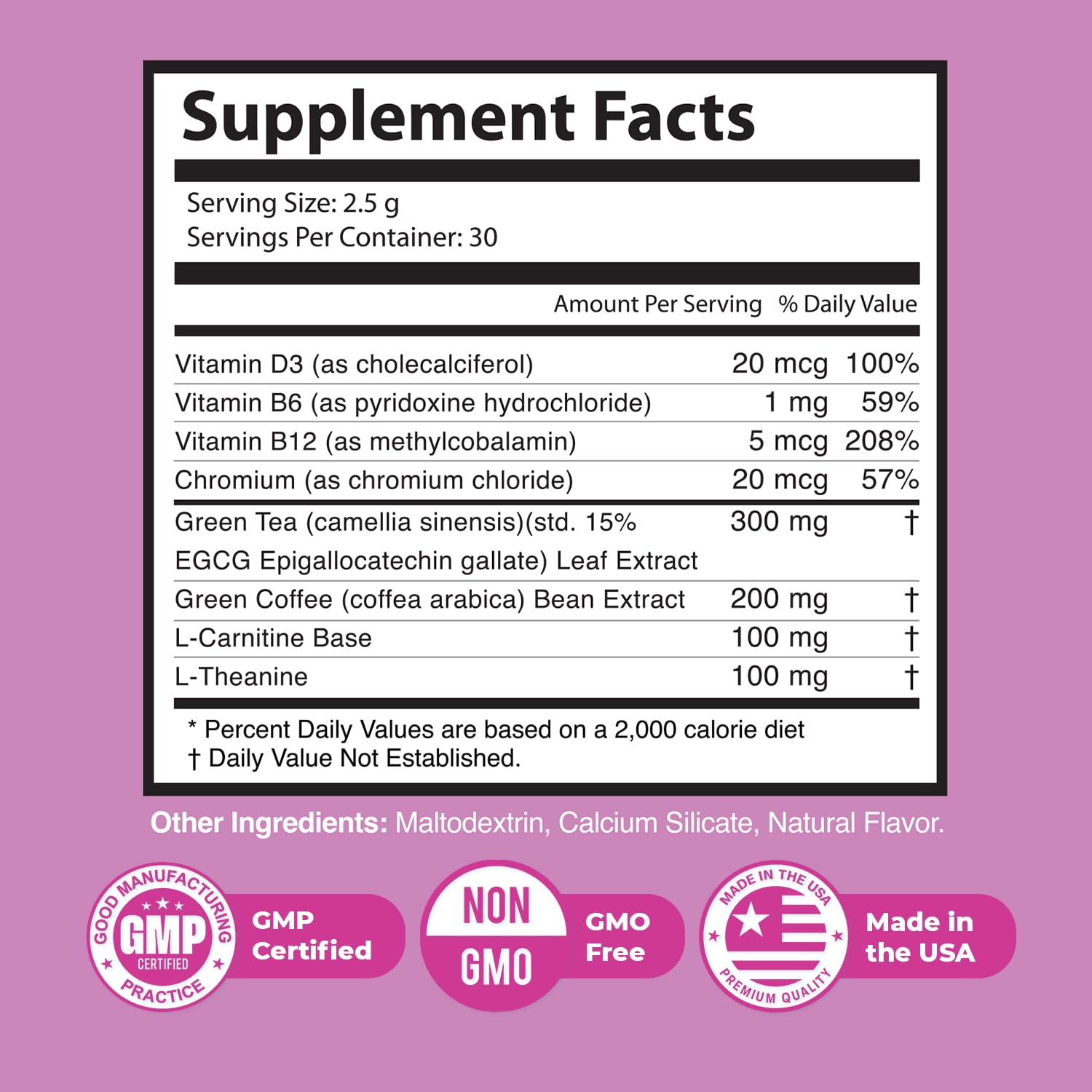 Nature’s NutriWave Gelatin Burn ingredients label, highlighting Vitamin D3, green tea extract and minerals
