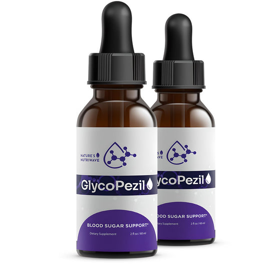 Nature's NutriWave GlycoPezil bottle pour highlights a stimulant-free daily supplement for convenience.