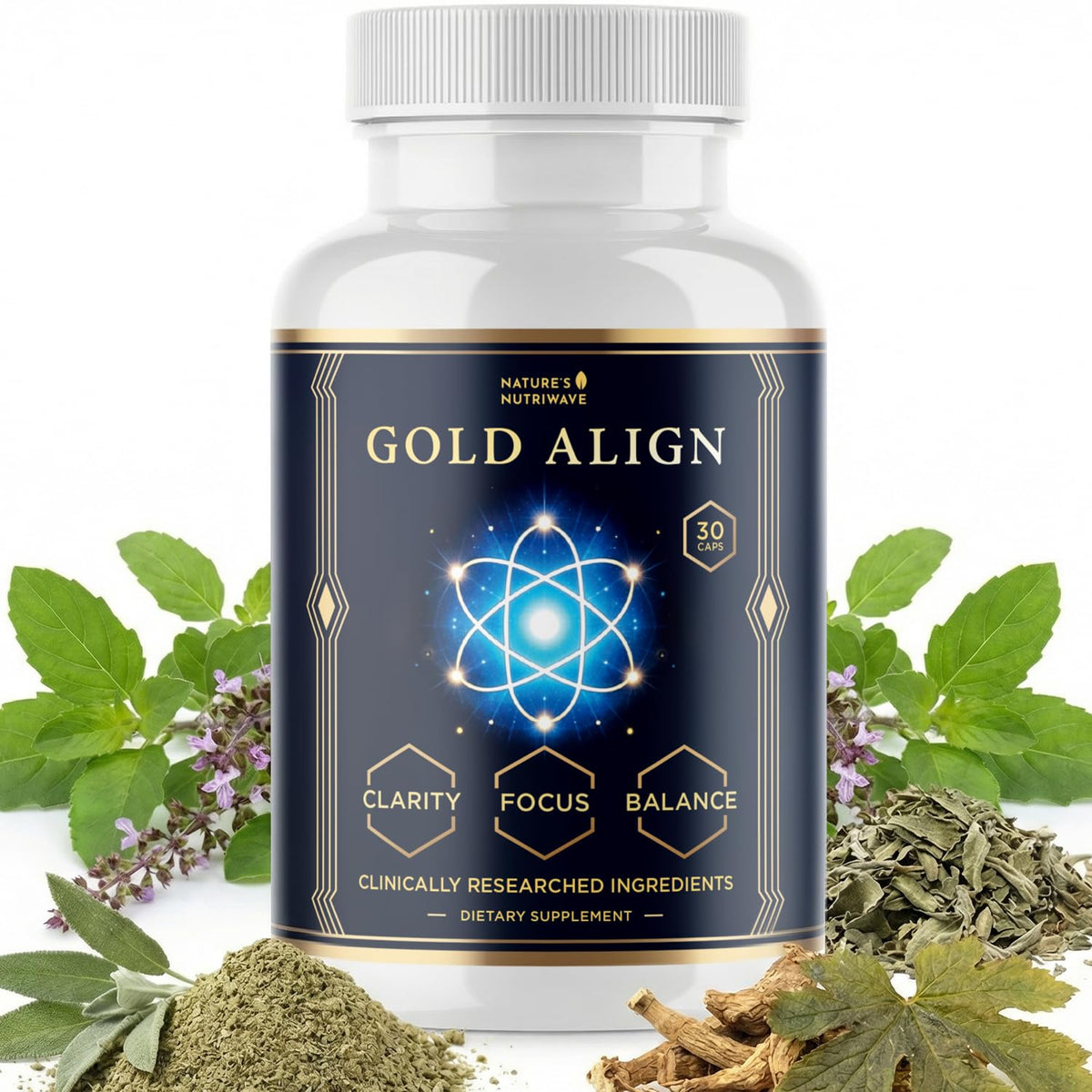 Nature’s NutriWave Gold Align capsules close-up highlighting herbal blend for daily wellness.
