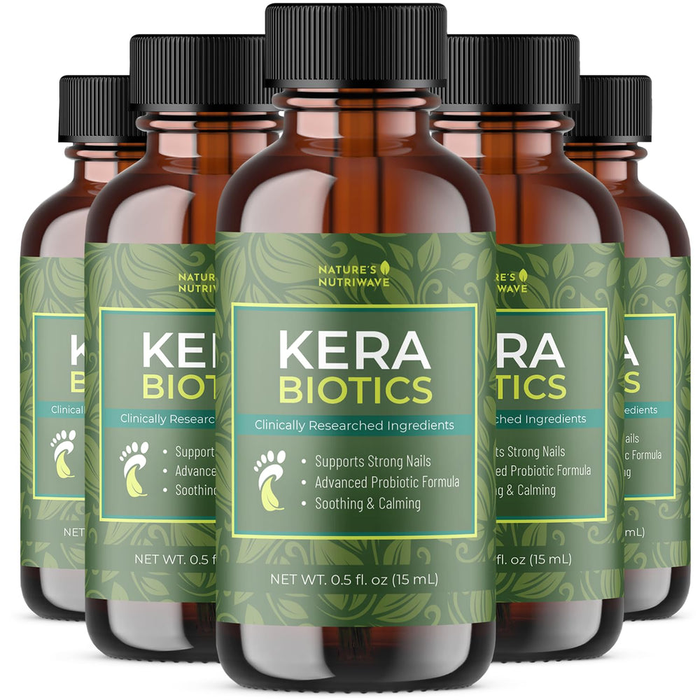 Nature’s NutriWave KeraBiotics bottle close-up highlighting probiotic daily foot care.