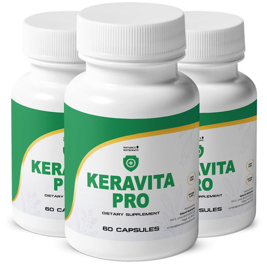 Nature’s NutriWave Keravita Pro bottle front view highlighting daily hair and nail support