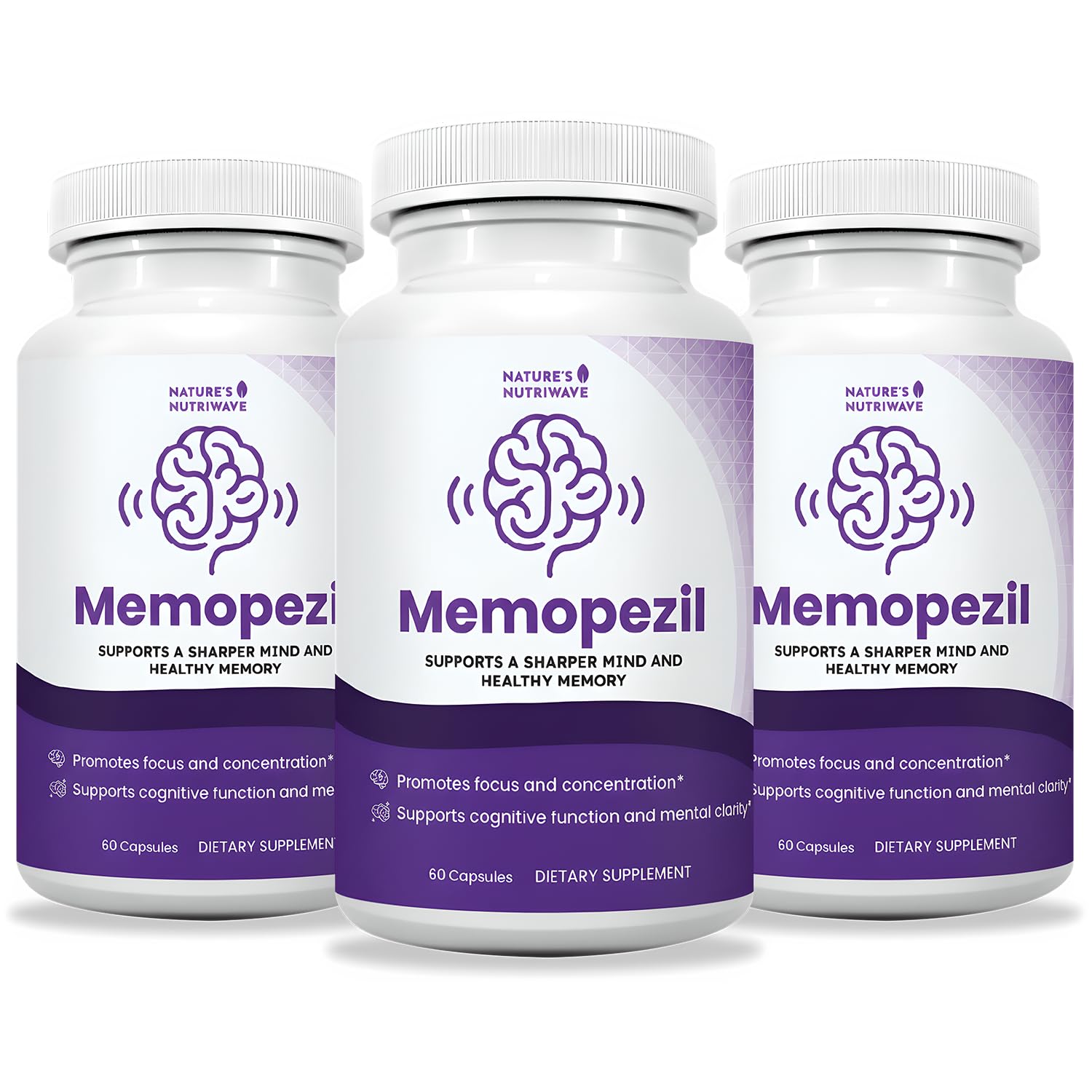 Nature’s NutriWave Memopezil bottle front highlights a stimulant-free daily routine.