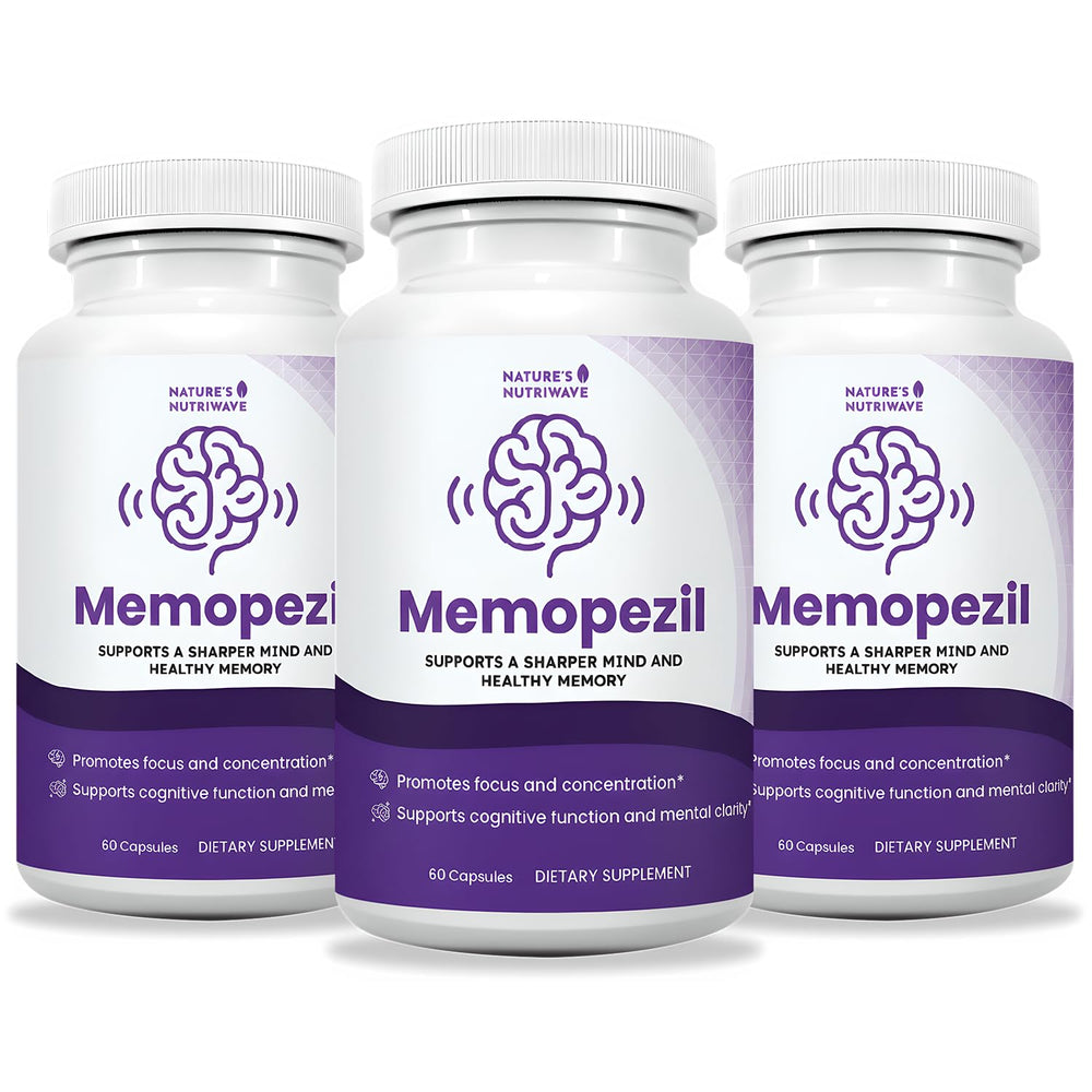 Nature’s NutriWave Memopezil bottle front highlights a stimulant-free daily routine.