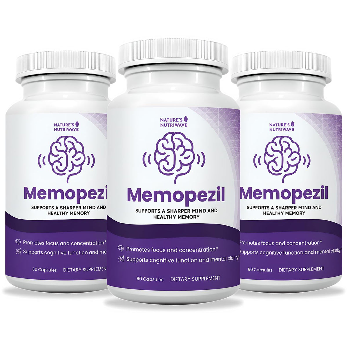 Nature’s NutriWave Memopezil bottle front highlights a stimulant-free daily routine.