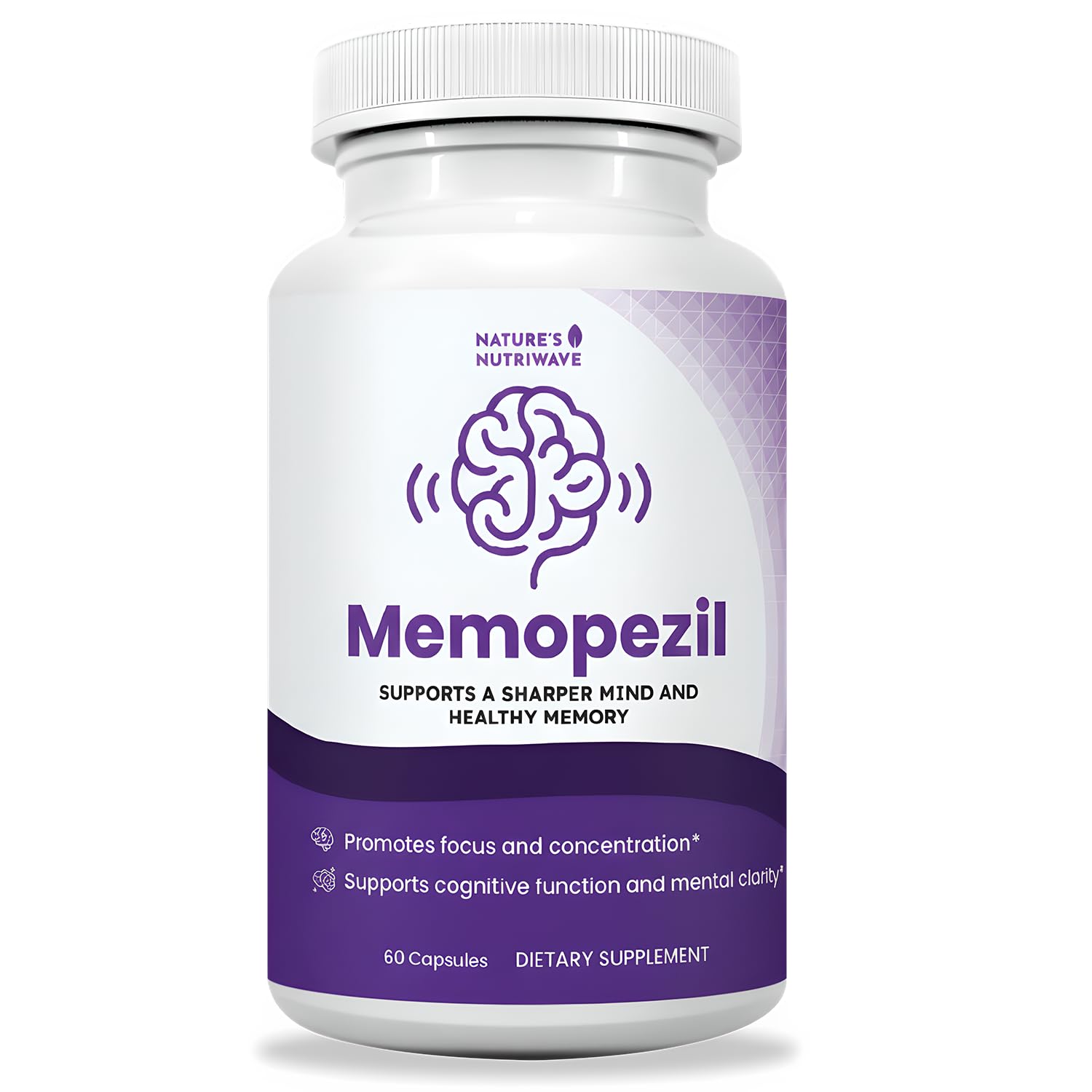 Nature's NutriWave Memopezil bottle and capsules for a simple, stimulant-free daily routine.