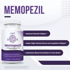 Memopezil capsules with label highlighting non-GMO, USA-made quality.