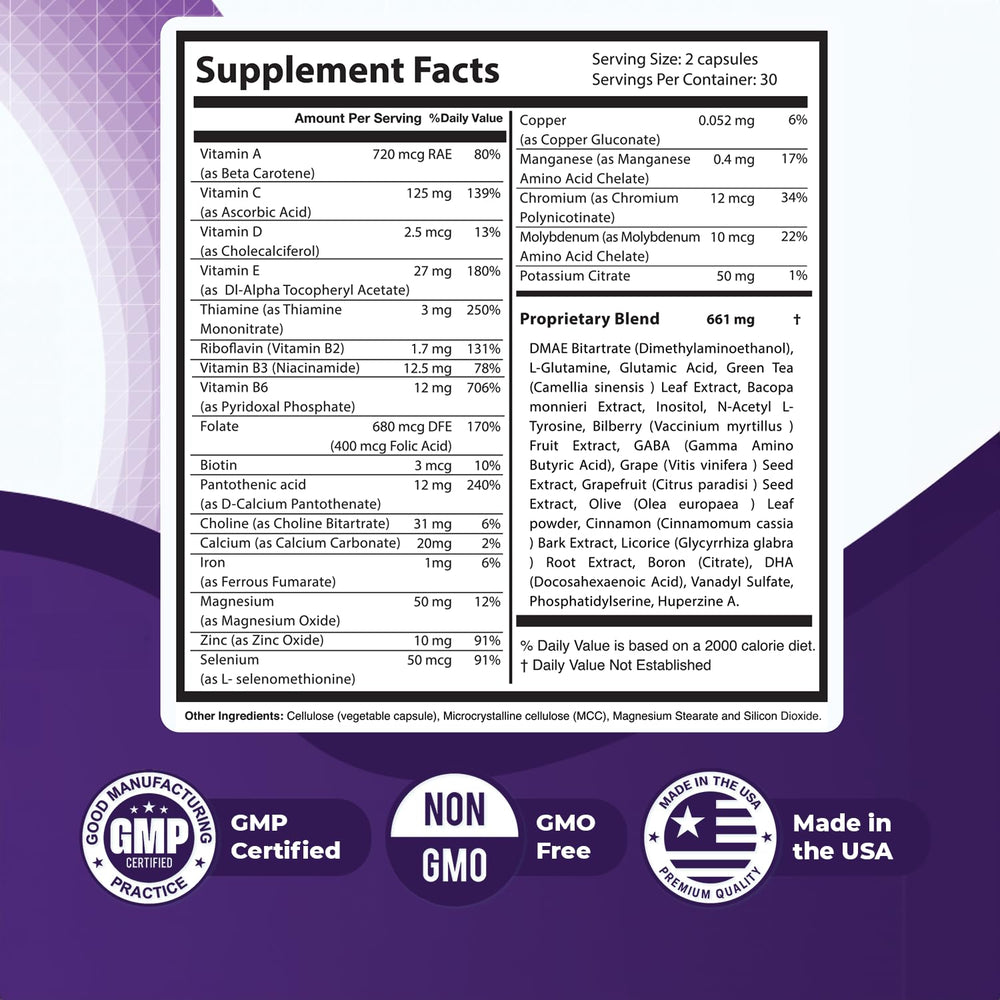 Close-up of Memopezil packaging showing easy two-capsule daily use.