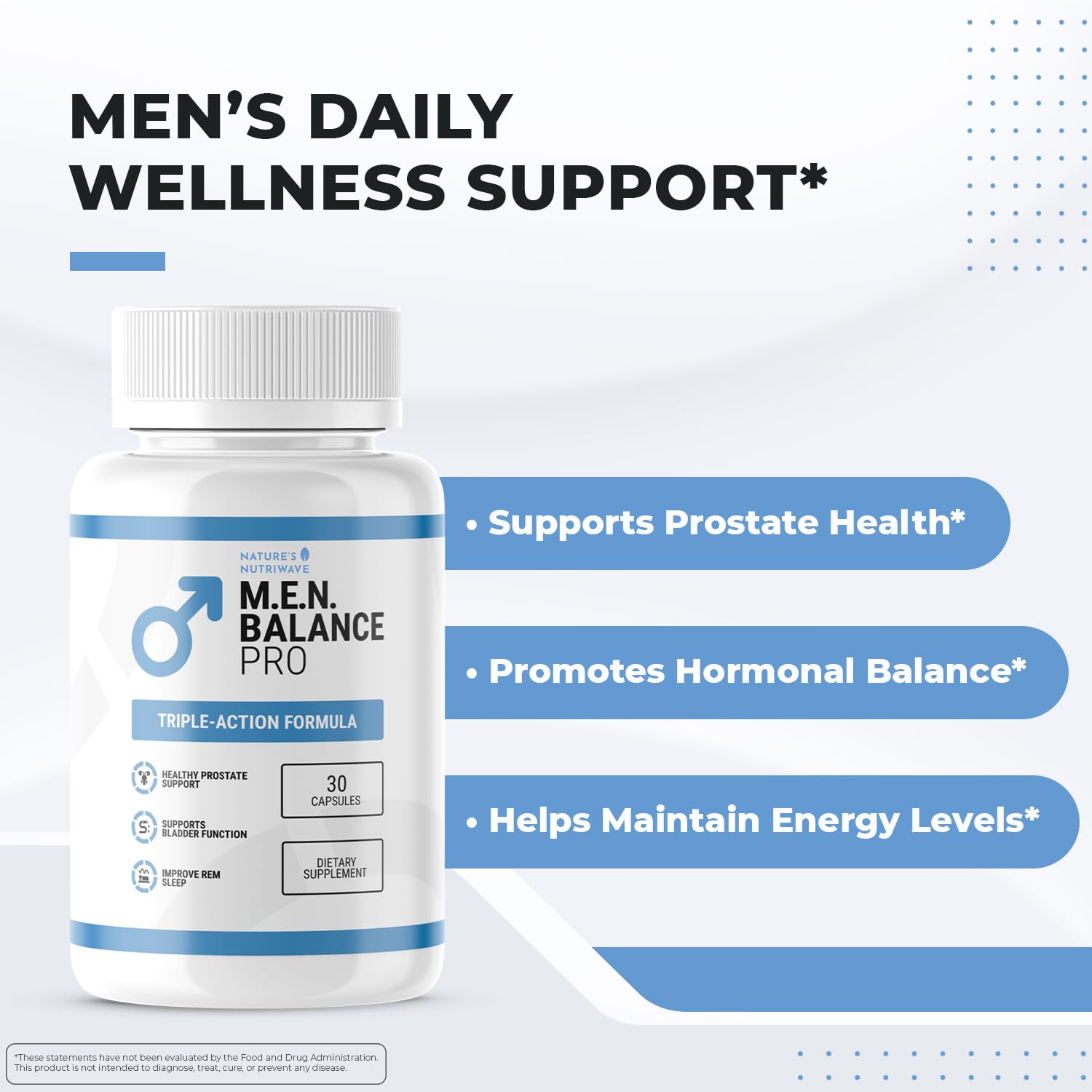 Nature’s NutriWave Men Balance Pro ingredient panel highlighting saw palmetto and minerals for daily male wellness