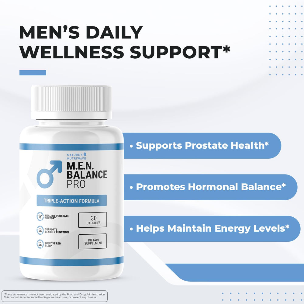 Nature’s NutriWave Men Balance Pro ingredient panel highlighting saw palmetto and minerals for daily male wellness