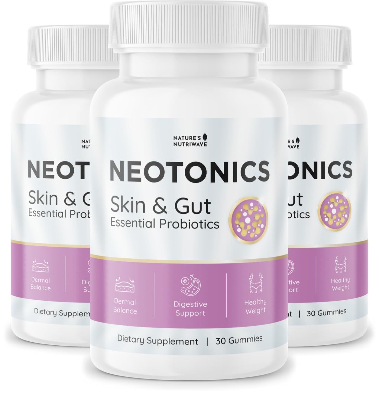 Nature’s NutriWave Neotonics apple gummies bottle showing daily probiotic support and skin wellness