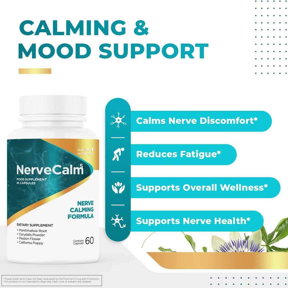 Nature’s NutriWave NerveCalm bottle on table, ready to integrate into evening wellness routine.