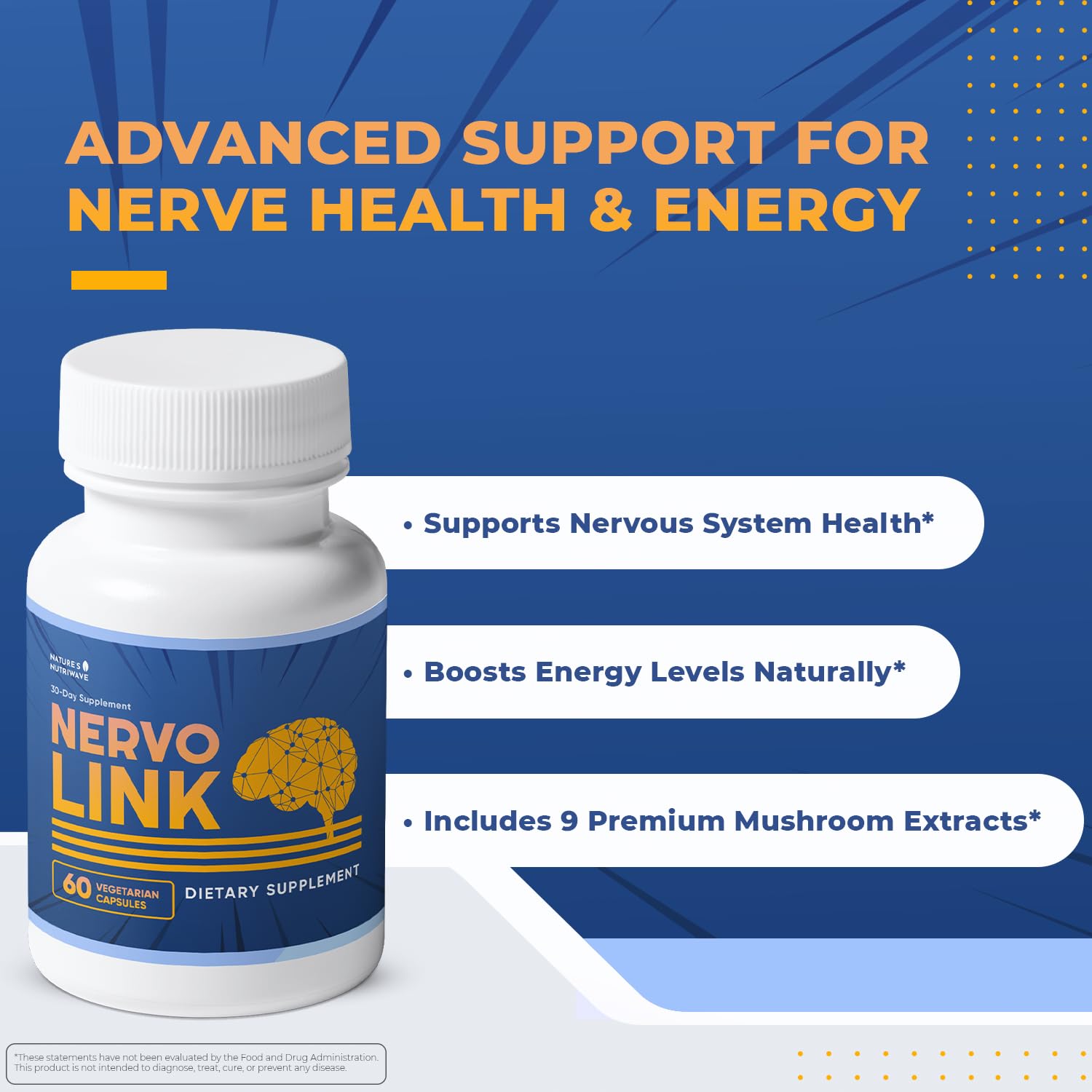 Nature’s NutriWave Nervolink capsules close-up, showing a pure non-GMO formula.