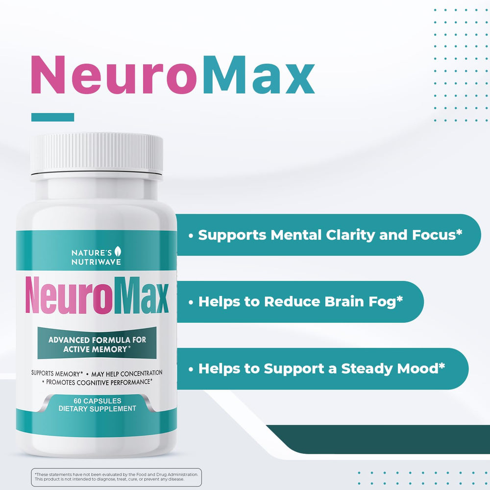 Close-up of NeuroMax capsules highlighting non-GMO, dairy-free formulation