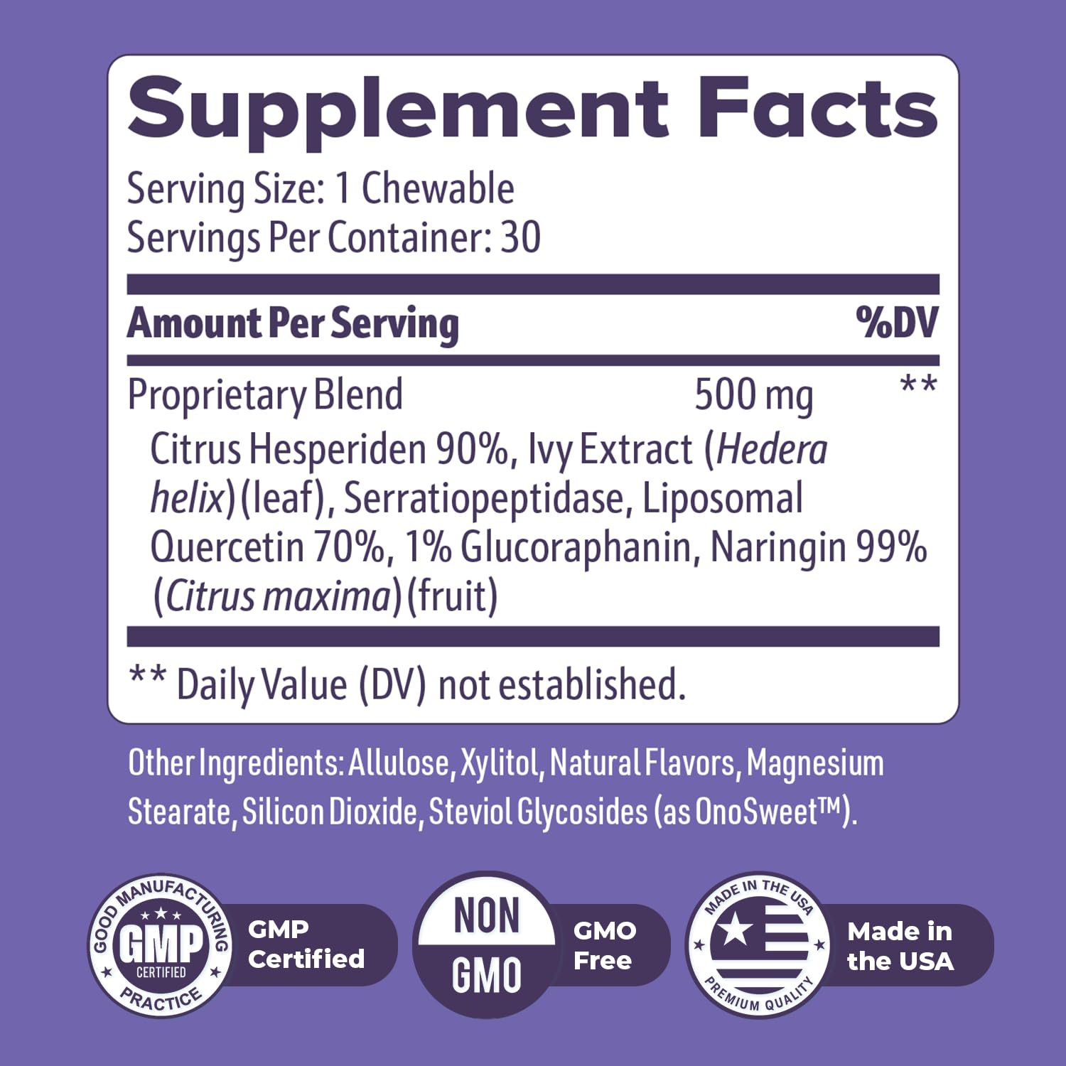 Ingredients window featuring ivy extract and citrus flavonoids for evening wellness.