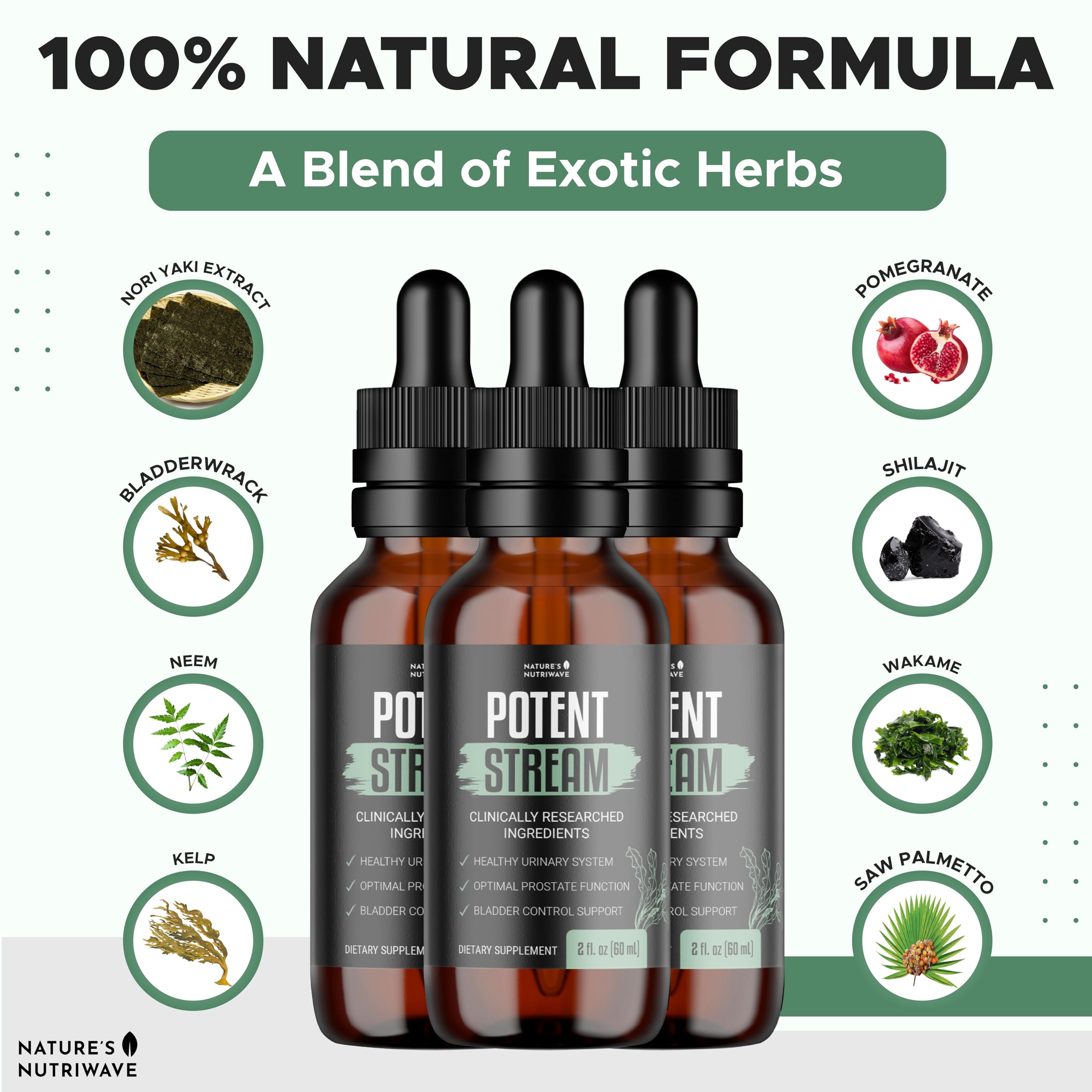 Nature's NutriWave PotentStream Drops label highlights plant-based ingredients and quality.