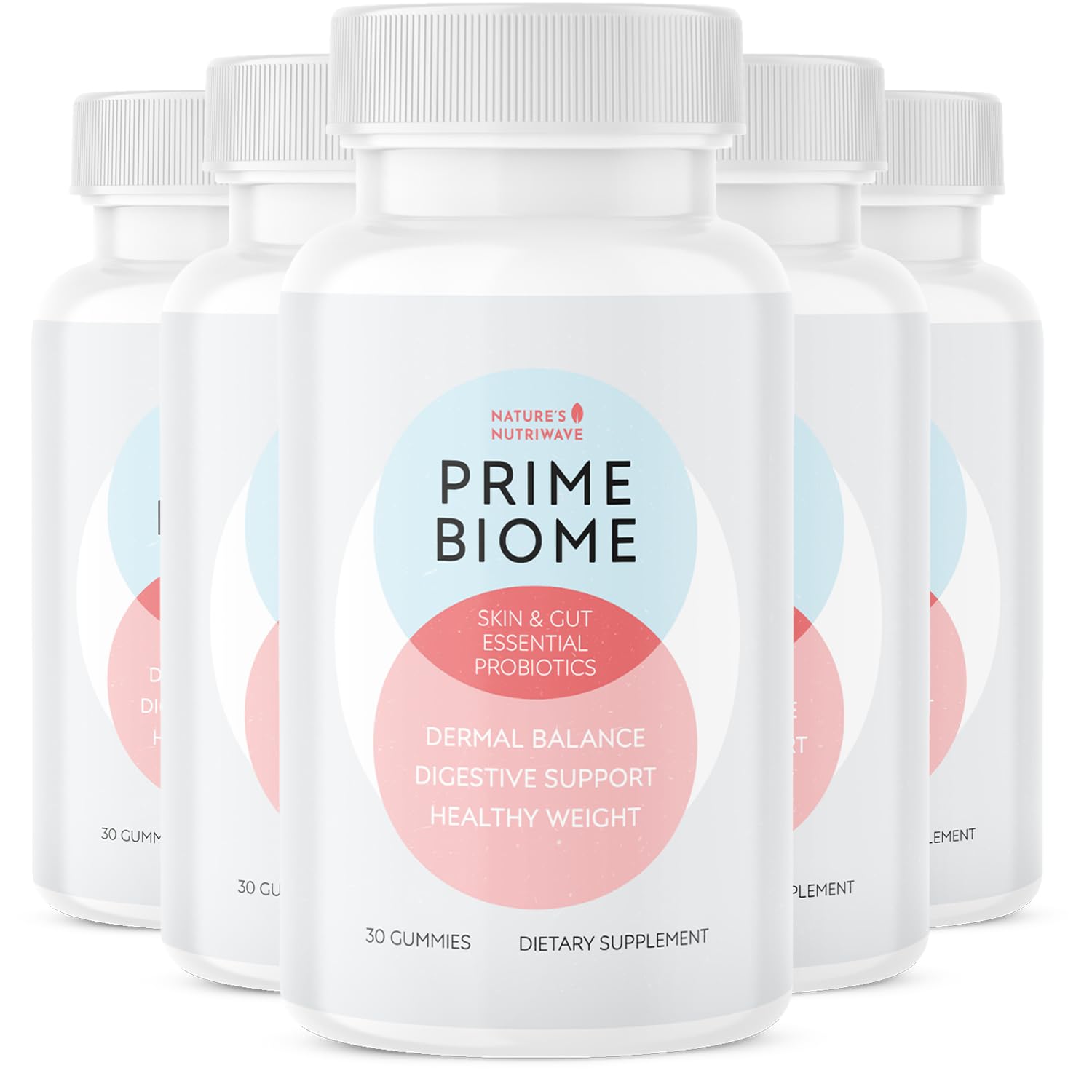 Nature's NutriWave PrimeBiome gummies bottle close-up for daily wellness.