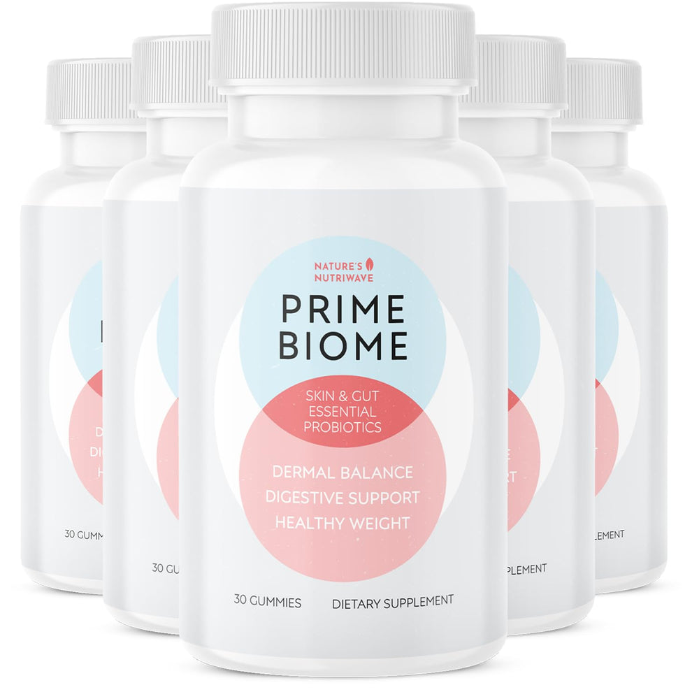 Nature's NutriWave PrimeBiome gummies bottle close-up for daily wellness.