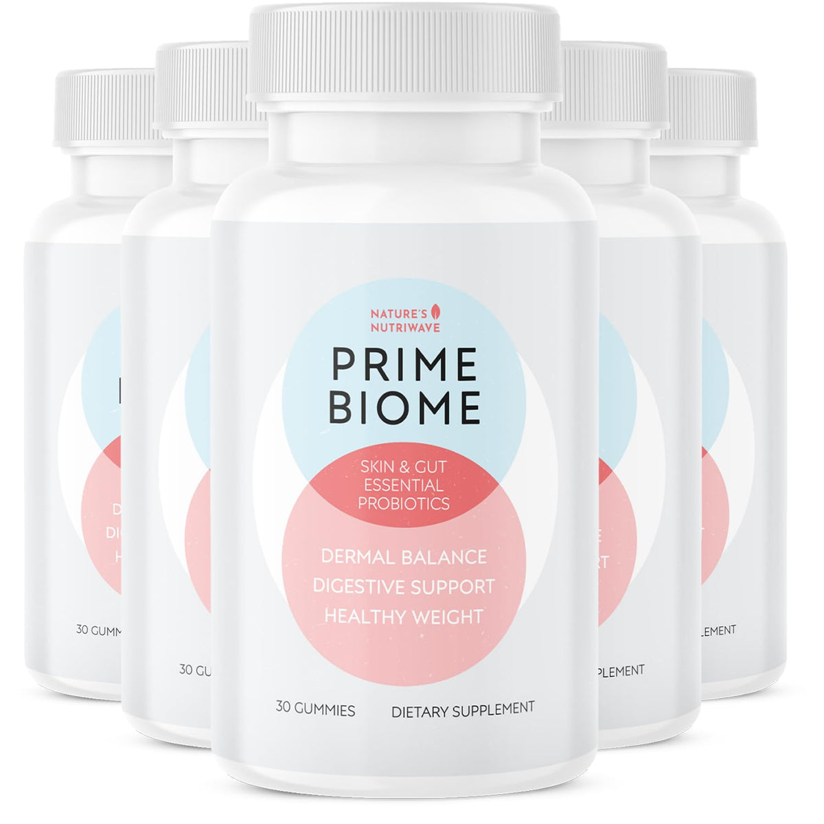 Nature's NutriWave PrimeBiome gummies bottle close-up for daily wellness.