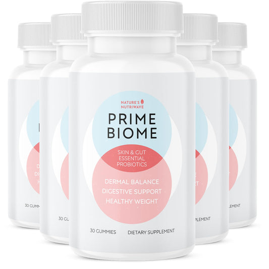 Nature's NutriWave PrimeBiome gummies bottle close-up for daily wellness.