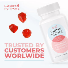 Nature's NutriWave PrimeBiome gummies with Lions Mane highlighted for focus.