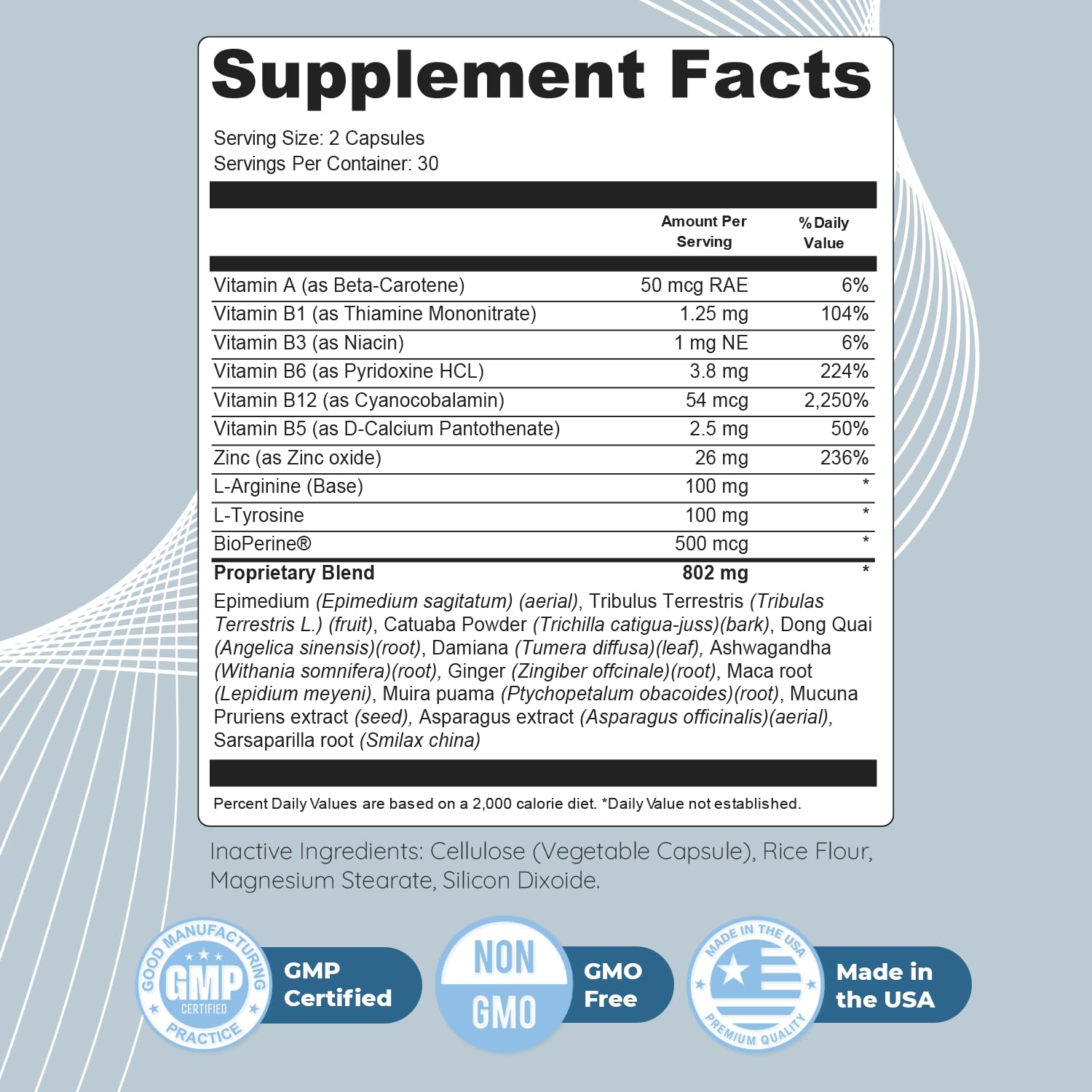 Close-up of Quietum Plus label highlighting GMP-certified, non-GMO formulation