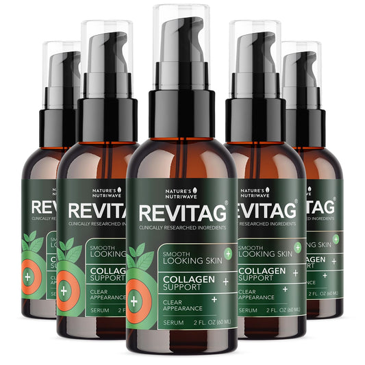 Nature’s NutriWave ReviTag serum bottle supports smooth skin.