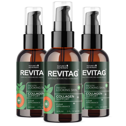 Nature’s NutriWave ReviTag serum bottle for daily use, promoting smooth skin texture.