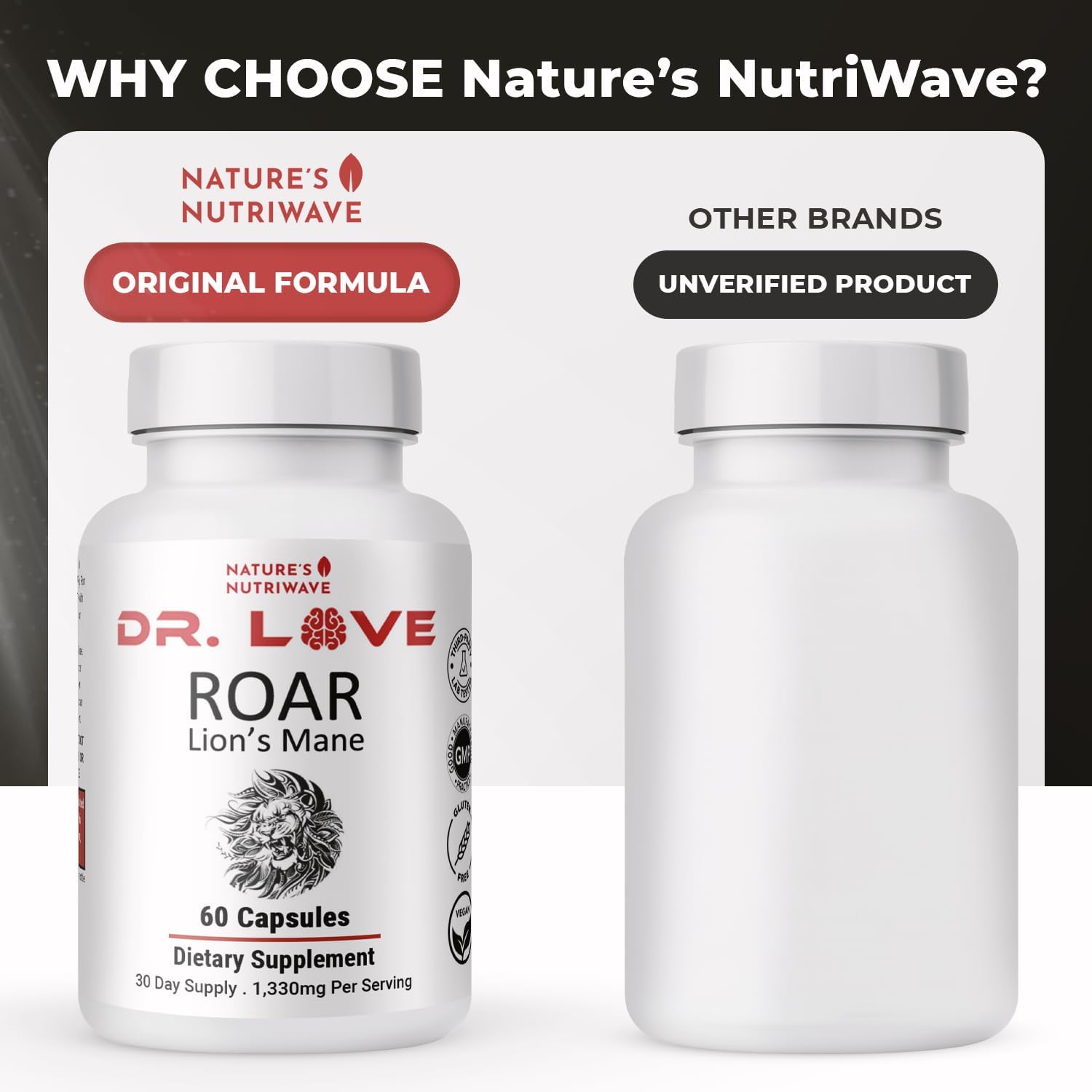 Nature’s NutriWave ROAR label shows vegan, gluten-free, GMP-certified quality.