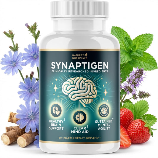 Nature’s NutriWave Synaptigen bottle shows daily wellness support.