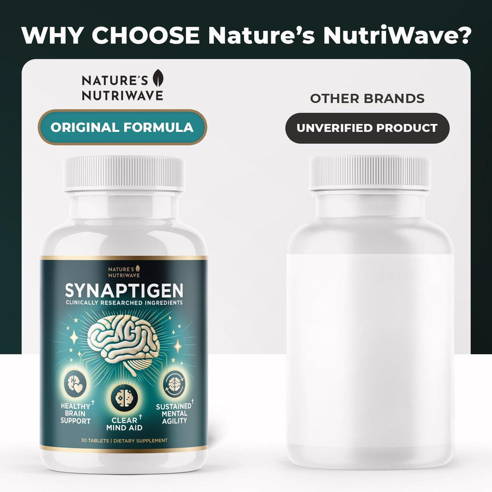 Nature’s NutriWave Synaptigen packaging emphasizes USA-made, non-GMO quality.
