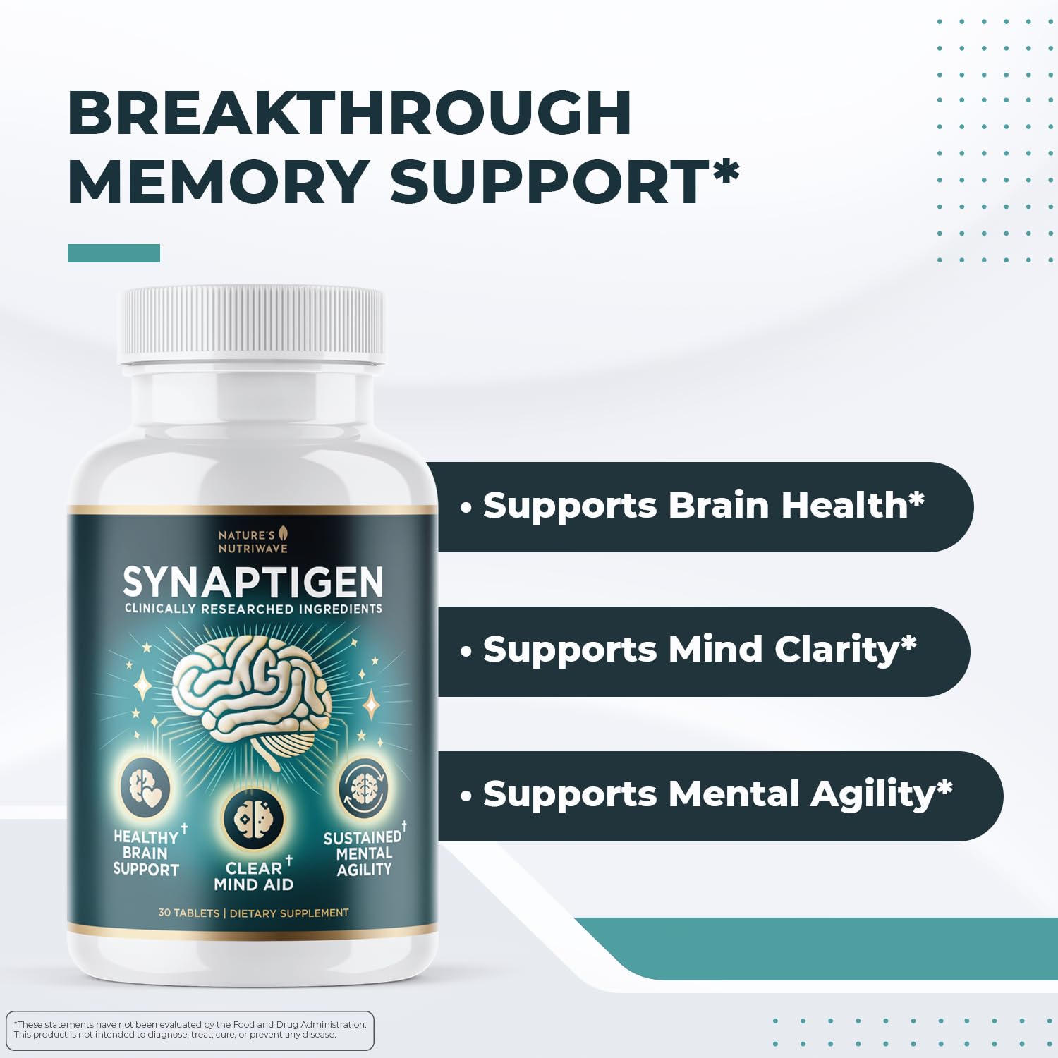 Nature’s NutriWave Synaptigen tablet demonstrates easy daily intake.