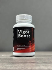 VigorBoost gummies label emphasizing clean, non-GMO ingredients.