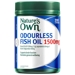 Nature's Own Omega 3 1500mg odourless bottle on shelf, convenient daily heart and brain support.