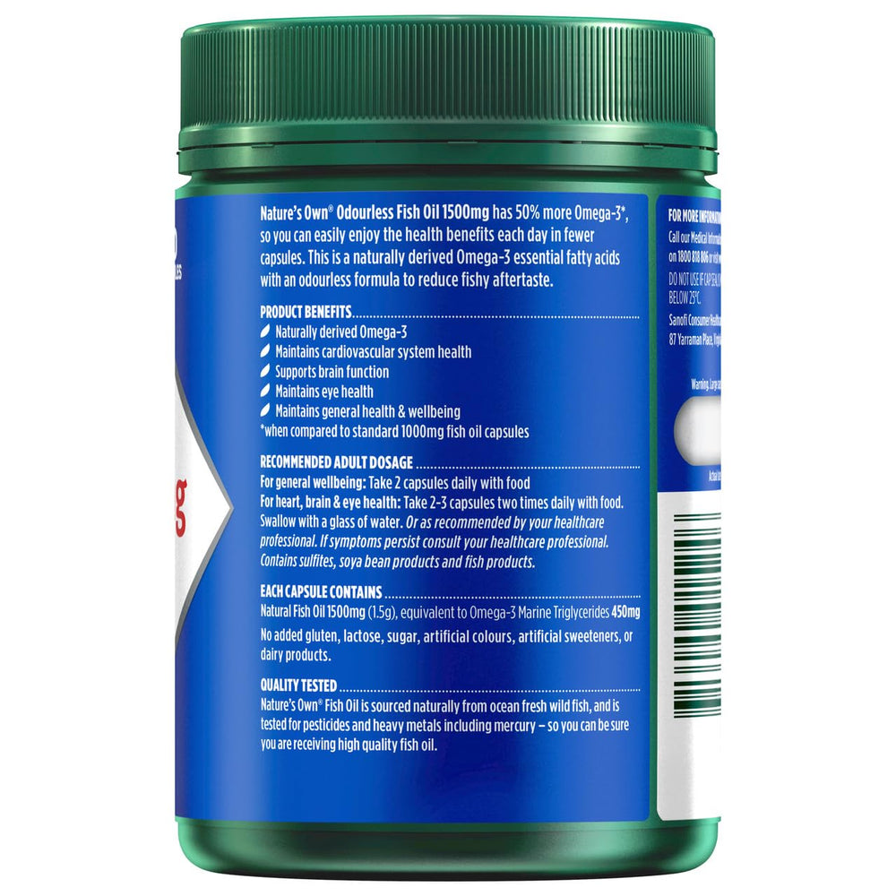 Closeup of Nature's Own capsules highlighting high strength fish oil for daily use.