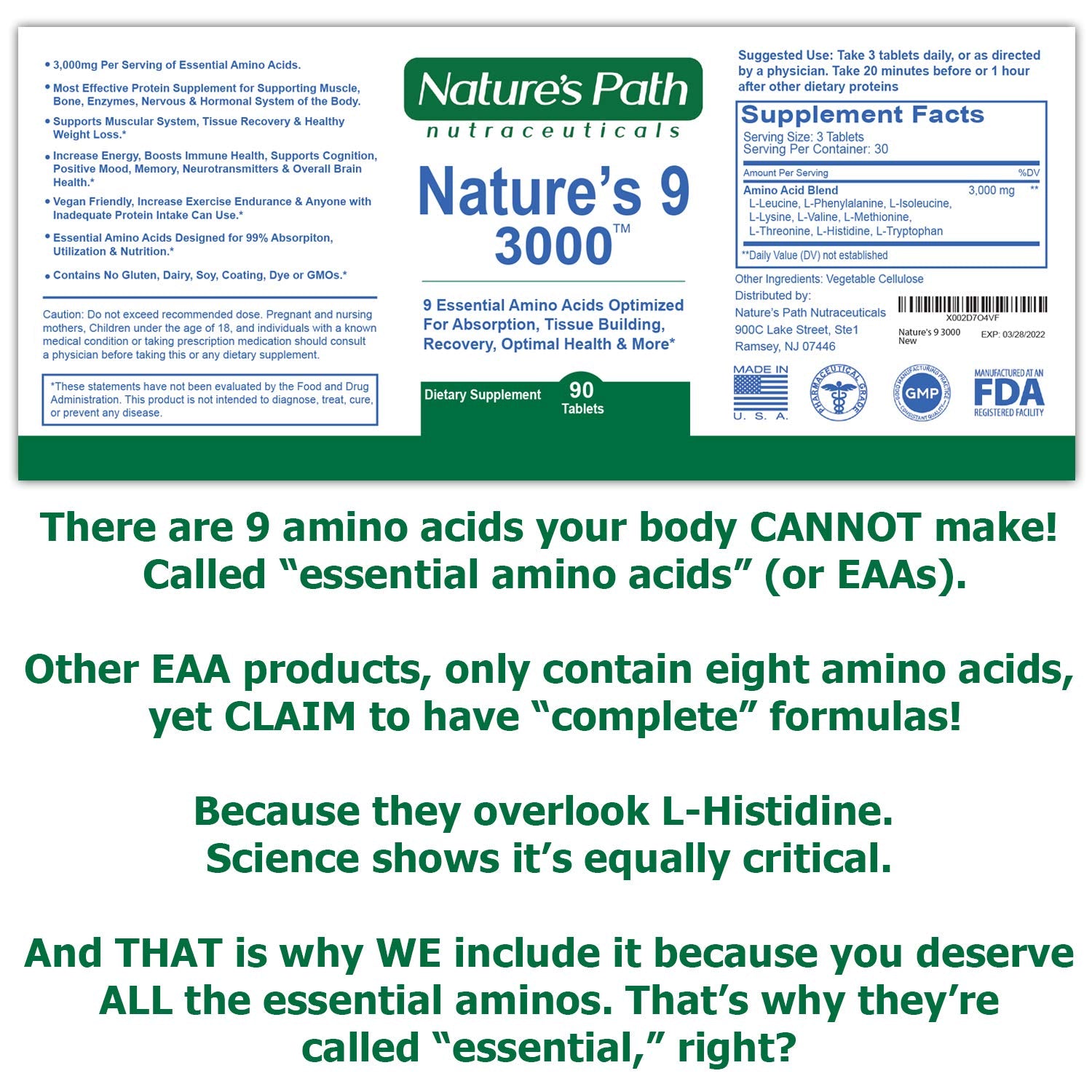 Nature's Path Nutraceuticals Nature's 9 3000 bottle back conveys gluten-free vegan ingredients