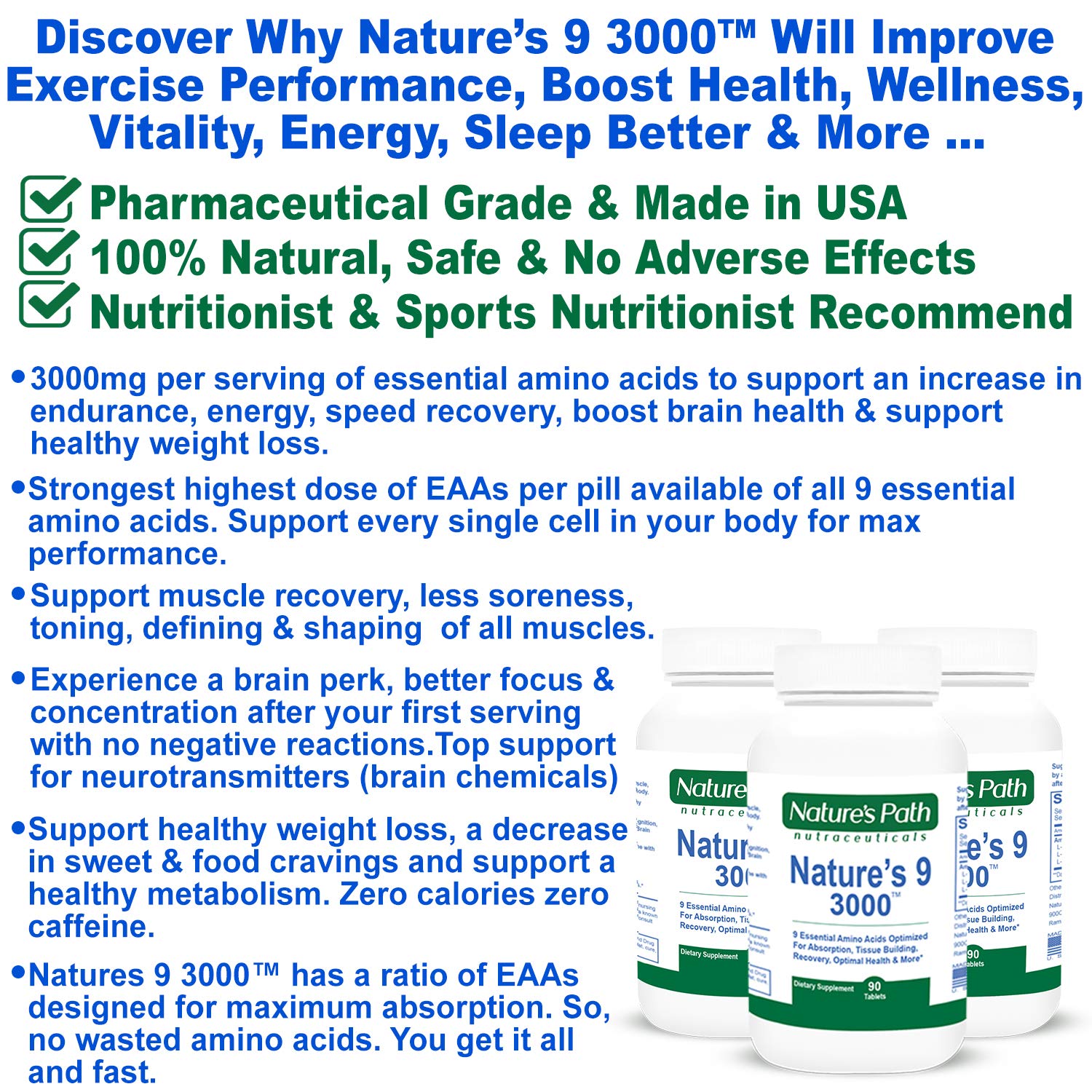 Nature's Path Nutraceuticals Nature's 9 3000 tablets closeup emphasizes 1000 mg per pill