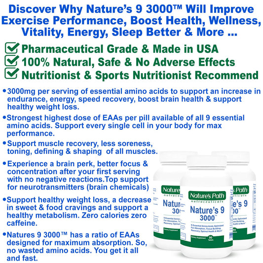 Nature's Path Nutraceuticals Nature's 9 3000 tablets closeup emphasizes 1000 mg per pill
