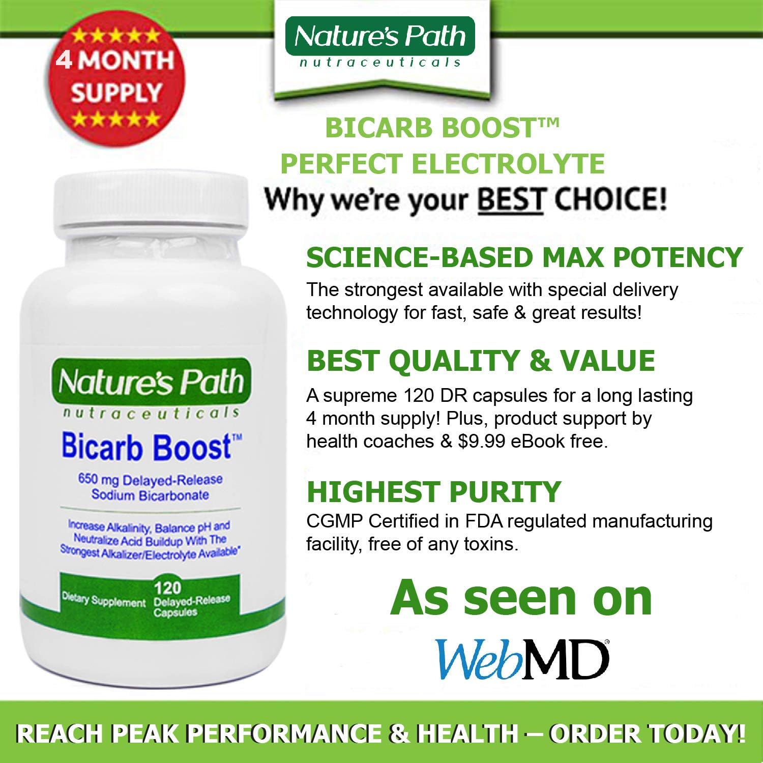 Hero shot of Nature's Path Sodium Bicarbonate 650 mg tablets and bottle