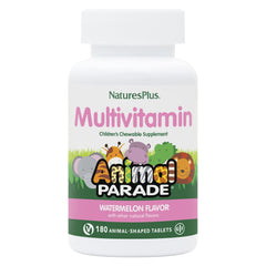 Nature's Plus Animal Parade watermelon-flavored chewables, kid-friendly daily multivitamins for daily wellness.