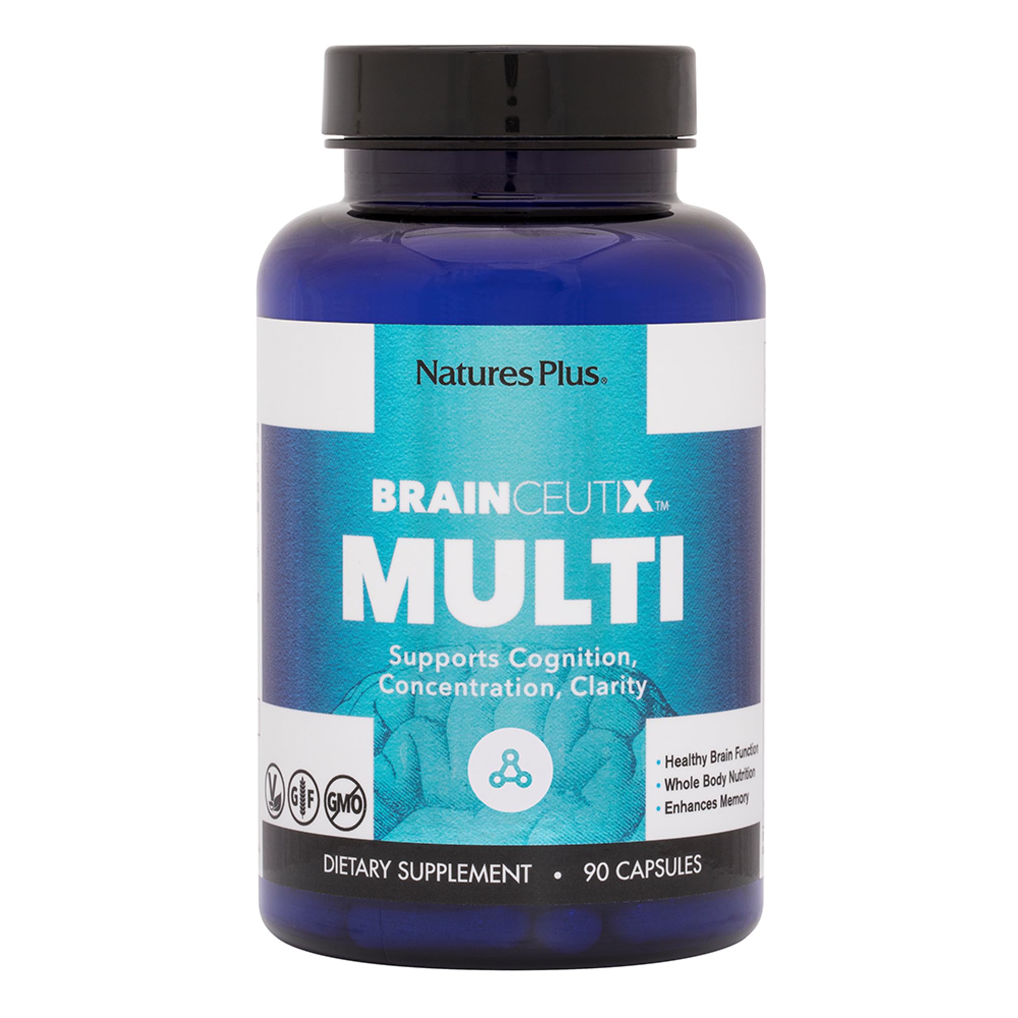 Nature's Plus BrainCeutix bottle closeup showing brain-boosting multivitamin for daily support.