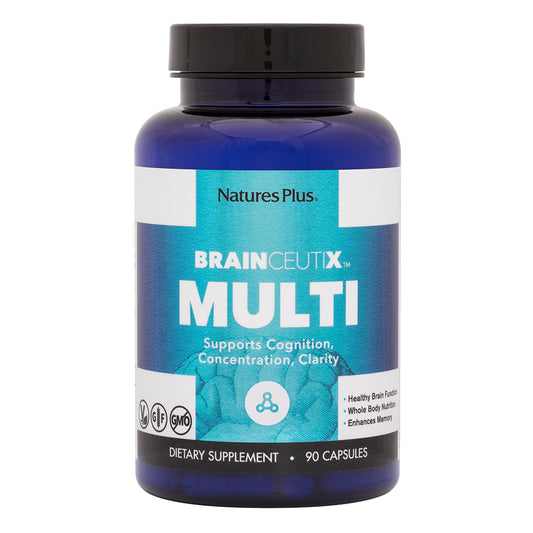 Nature's Plus BrainCeutix bottle closeup showing brain-boosting multivitamin for daily support.