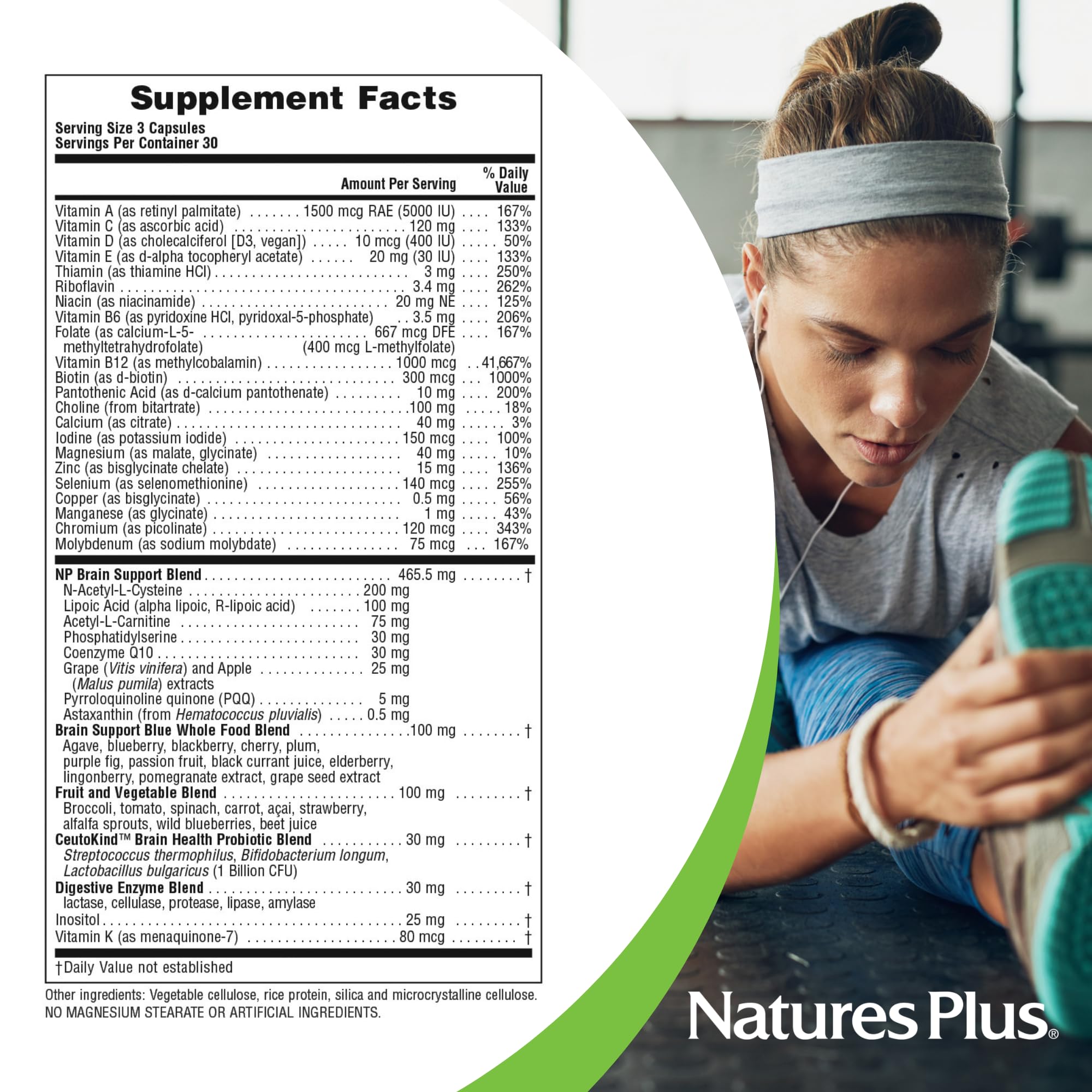 Nature's Plus BrainCeutix nutrition facts label emphasizes vegan, non-GMO formula.