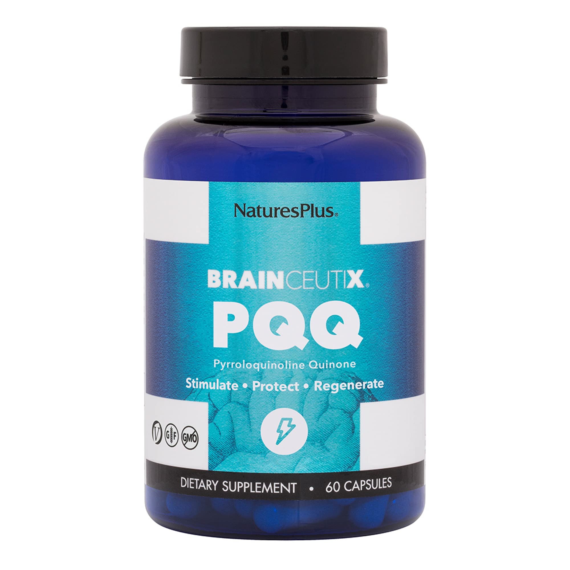 Nature's Plus Brainceutix PQQ bottle with vegan capsules for memory support.