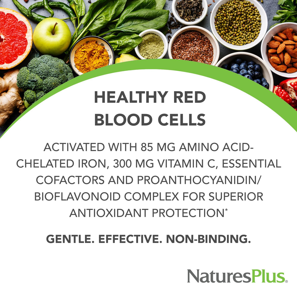 Nature's Plus Hema-Plex Iron 85 mg per serving in a softgel bottle.