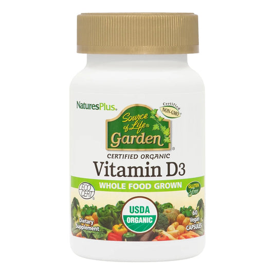 Nature's Plus Source of Life Garden Vitamin D3 bottle front view, plant-based formula