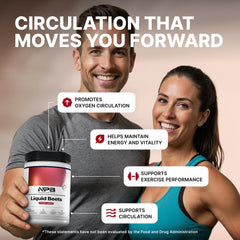 Nature's Pure Blend Liquid Beets—bottle pouring for quick nitric oxide support.